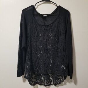 Metaphor Large Blouse Black Lace Sheer Long Sleeve Sweater Top